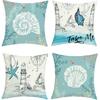 Summer Blue Nautical Throw Pillow Covers 18x18 Inch Set of 4 Ocean Lighthouse Starfish Seashell Cushion Covers Home Decor for Couch Cushion Cases
