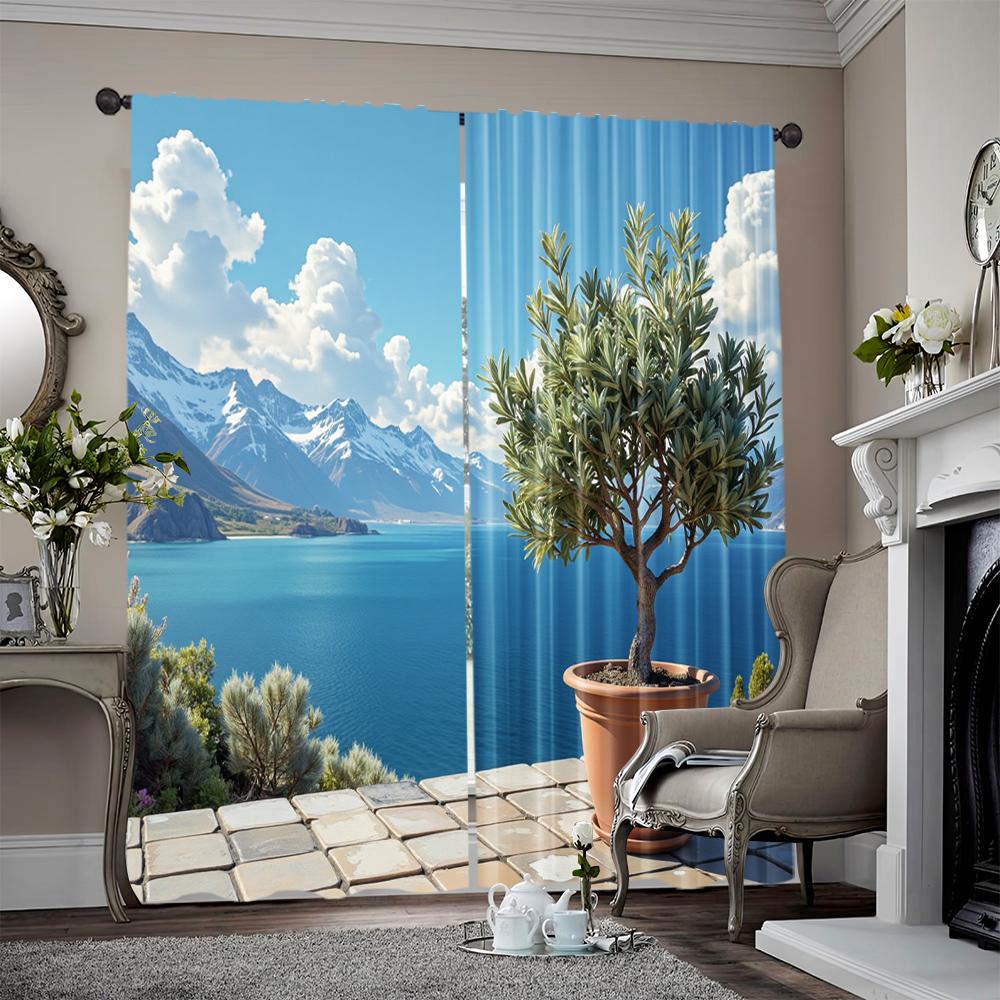 2pcs, 2D Flat Printing Window Curtains Landscape Blackout Polyester Festive Wall Decor Perfect for Carnival Decor