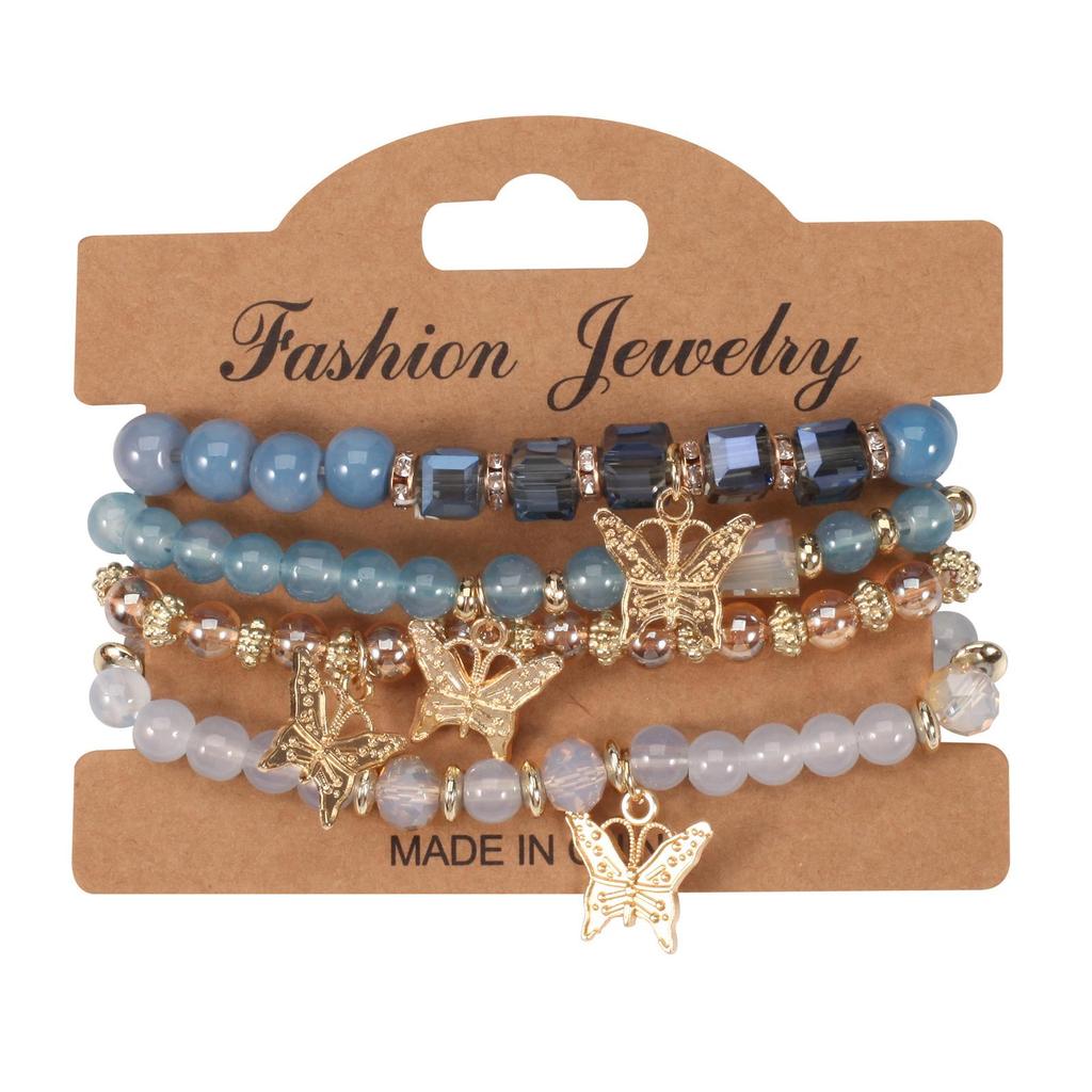 Handmade Bohemian Butterfly Layered Bracelet Set: 4-Piece Beaded Crystal Rhinestone Design