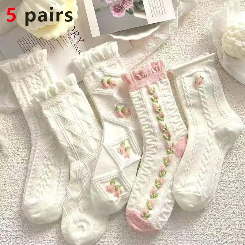 5 Pairs Cute Lace Mid Tube Socks Women's Lolitajk Ruffled Harajuku Style Autumn Winter Soft Versatile Fashionable Girl Socks
