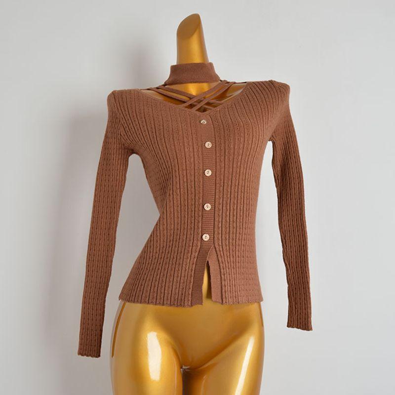 Fall and Winter New Fashion Sexy Halterneck Cross V-neck off-Shoulder Long Sleeves Bottoming Shirt Sweater Women's Long Sleeve Knitwear