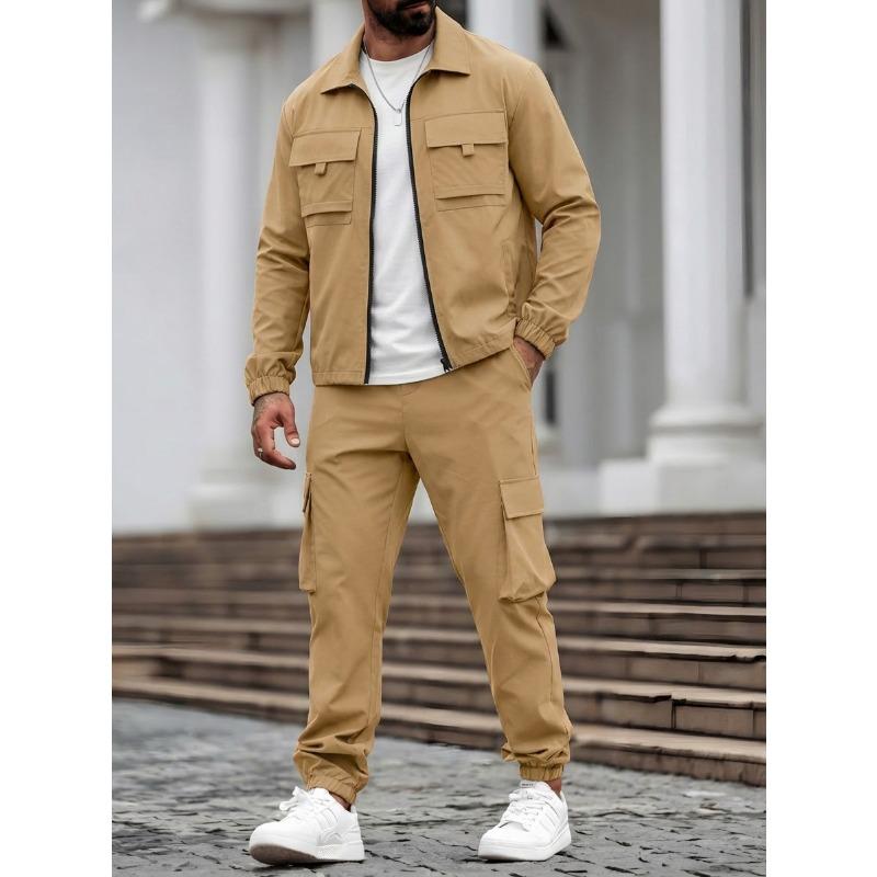 Herren S Einfarbig Langarm Jacke Hose Mehrere Taschen Lässig Arbeitskleidung Zweiteiliges Set