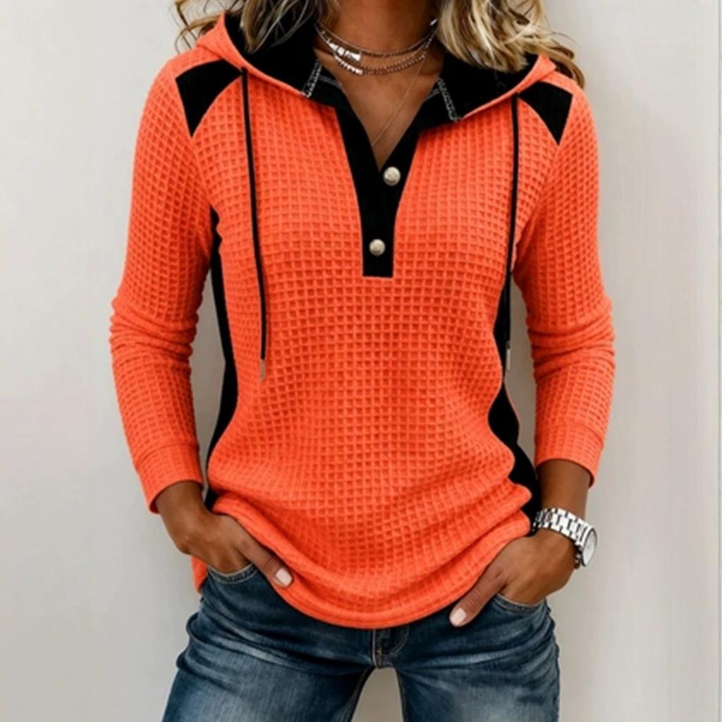 Women's Fashion Casual Waffle Knit Patchwork Hoodie, Anu Self-developed European American Style Sweatshirt for Women