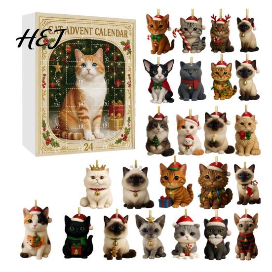 Holiday Countdown Gift Box 24 Day Cat Advent Calendar with Acrylic Christmas Ornaments, 2D Flat Animal Themed Ornaments Hanging Decorations, Xmas Tree