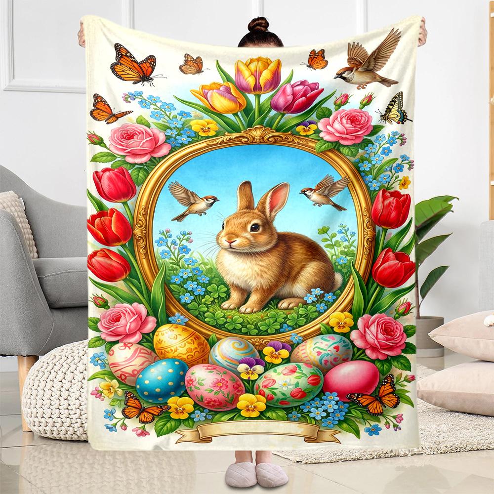 Easter Bunny With Flowers Blanket,Suitable for sofas, offices, travel, living rooms, gift for friends and family,Suitable for all seasons.