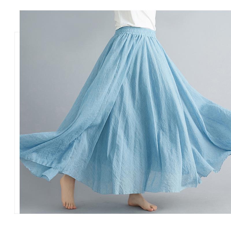 2024 Japan & Korea Loose Cotton-Linen Elastic Waist Midi Skirt – Solid Color A-line Swing Skirt