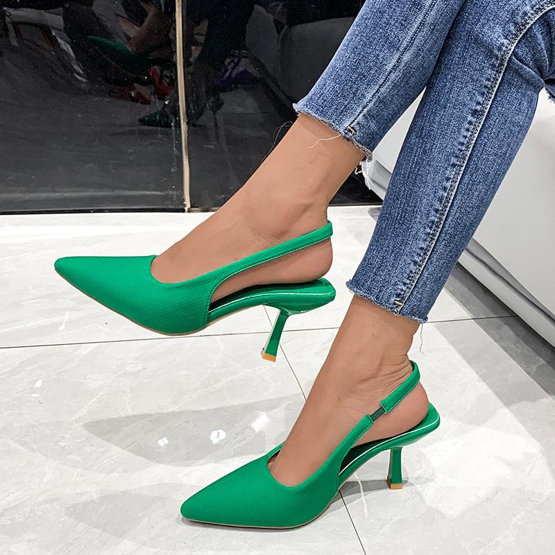 Sandalias de tacón medio de punta abierta sin espalda color verde primavera talla grande para mujer