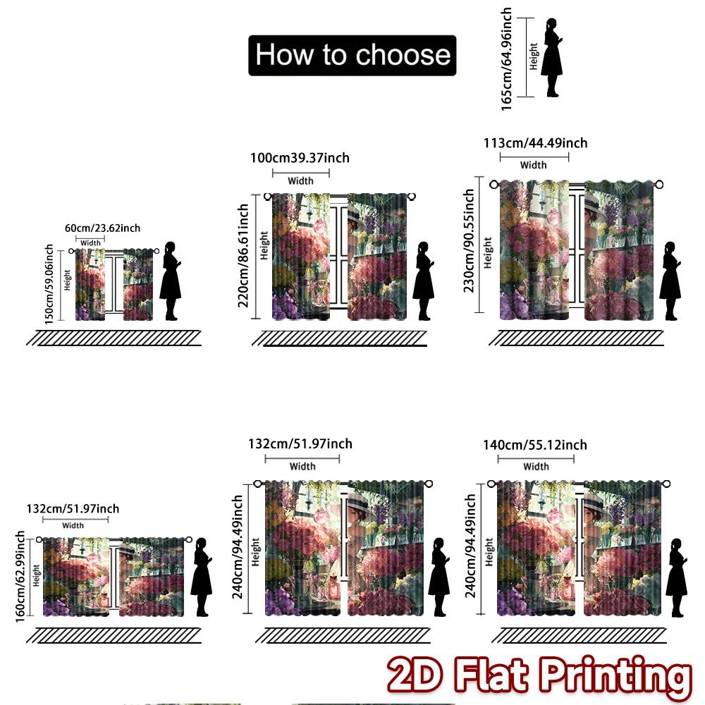 2pcs, 2D FLAT PRINTING Curtains (Without Rod) Garden Elegance Digital Printing On Holiday Curtains Semi-Sheer Curtains