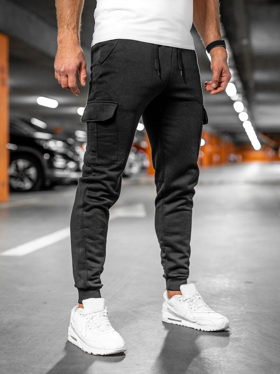 Mens Winter Fleece Cargo Pants Multi Pocket Drawstring Trousers S чёрный