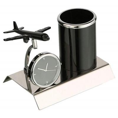 Aeroplane Miniature Metal Pen Stand With Clock, Stylish Desk Organizer, Pencil Holder, Elegant Corporate Gift Set, Durable