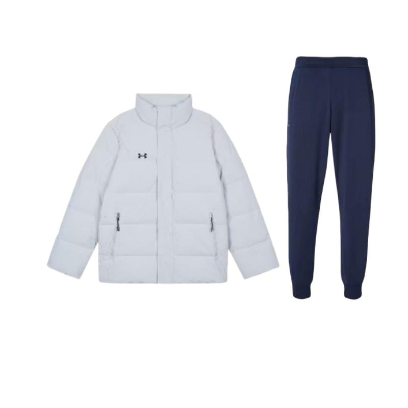 Under Armour Stand Collar Solid Color Warm Jacket Elastic Cuff Versatile Long Pants Casual Sports Suit Unisex Suit 23600704-409+-23600802-009