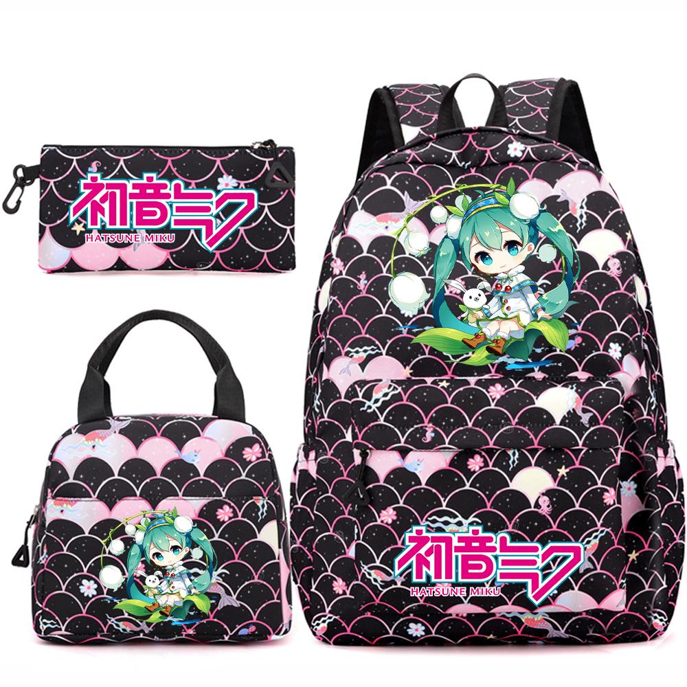 3 Stück/Set Anime Cartoon Hatsune Miku Bedruckter Rucksack Handtasche Federmäppchen für Teenager Schüler Mädchen Jungen Große Kapazität Wasserdicht Schultasche Reisetasche