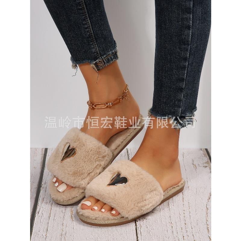 Women's Heart Shaped Flat Faux Rabbit Fur Slippers, Casual Indoor Home Footwear, Plus Size Warm Comfortable Slip On House Shoes