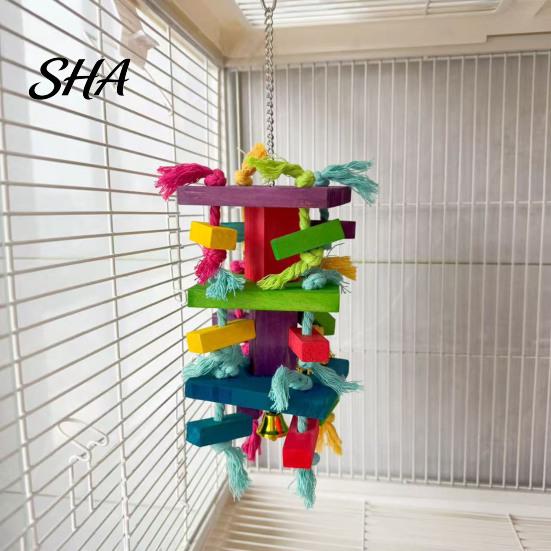 Parrot Chew Toy Chewing for Macaws African Greys, Colorful Wooden Block Puzzle with Food-grade Bird Cotton Tassels, Hanging Interactive Activity Cage,