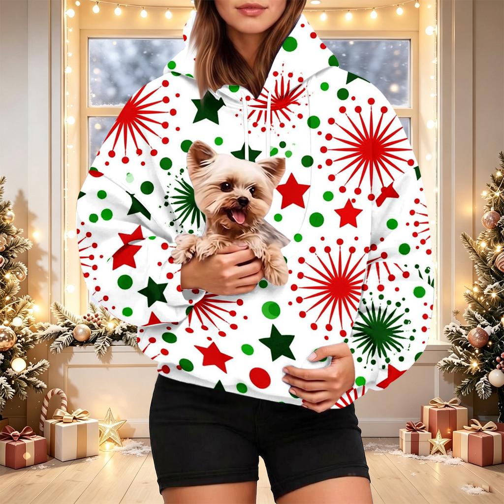 Women's Stylish Christmas Print Hoodie with Pet Pocket, Casual Holiday Pullover for Winter Wear