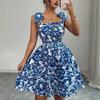 New European and American printed puff sleeves, square neck, tie, waist-cinching, elegant dress for women