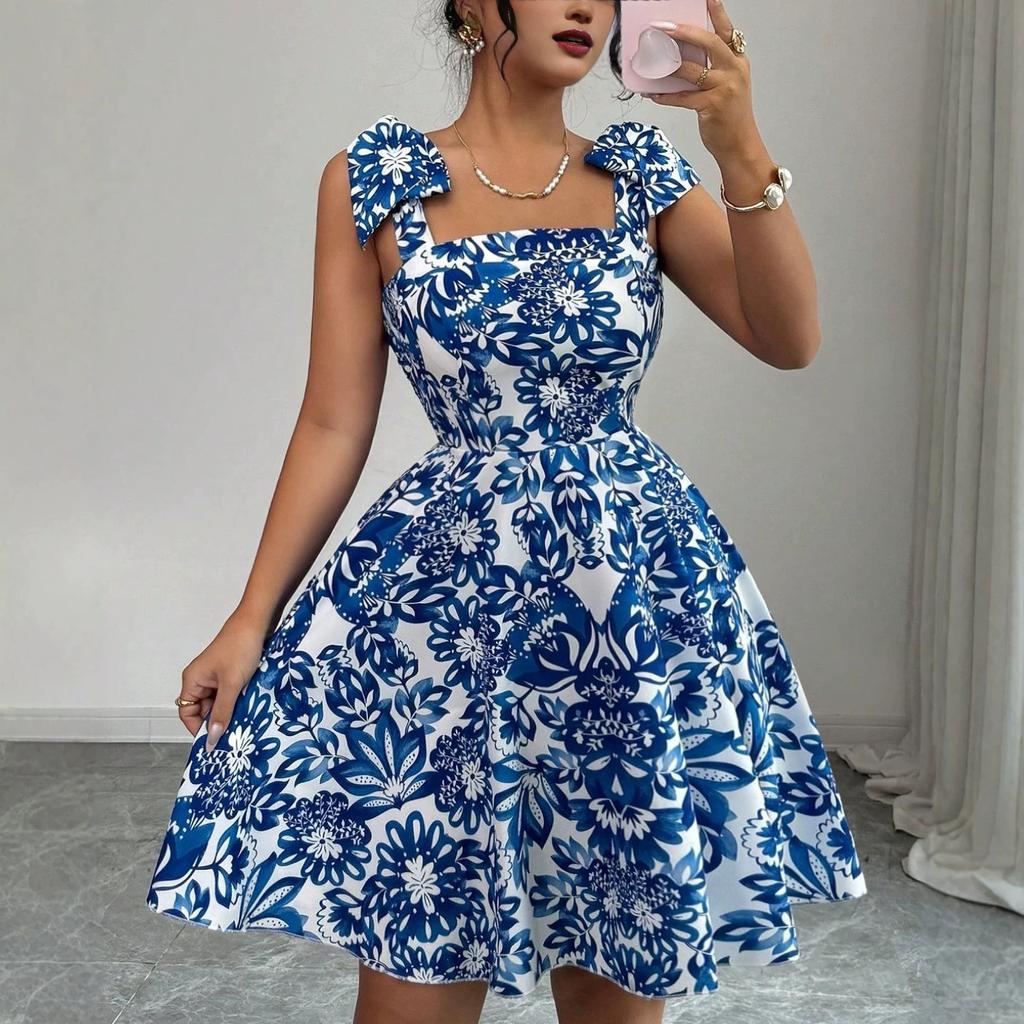 New European and American printed puff sleeves, square neck, tie, waist-cinching, elegant dress for women