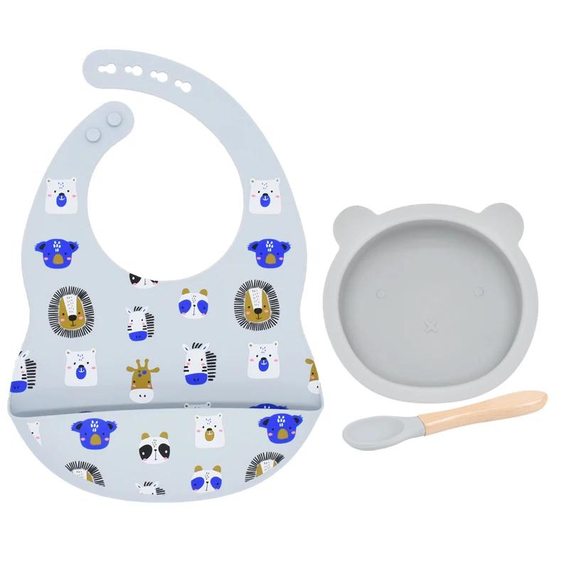 3Pcs/Set Baby Bibs Bowl Spoon Set Food Grade Silicone Baby Waterproof Plate Baby Tableware Toddler Feeding BPA FREE