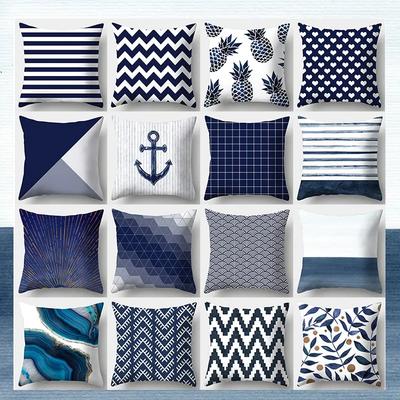 Home Decor Creative Blue Printed Pillowcase Square Sofa  Striped Plaid Cushion Cover 45x45cm