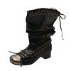 Fashion Vintage Cross Strap Thick Heel Women Motorcycle Boots Fashion Ladies Metal Buckle Pleated Mid Calf Booties