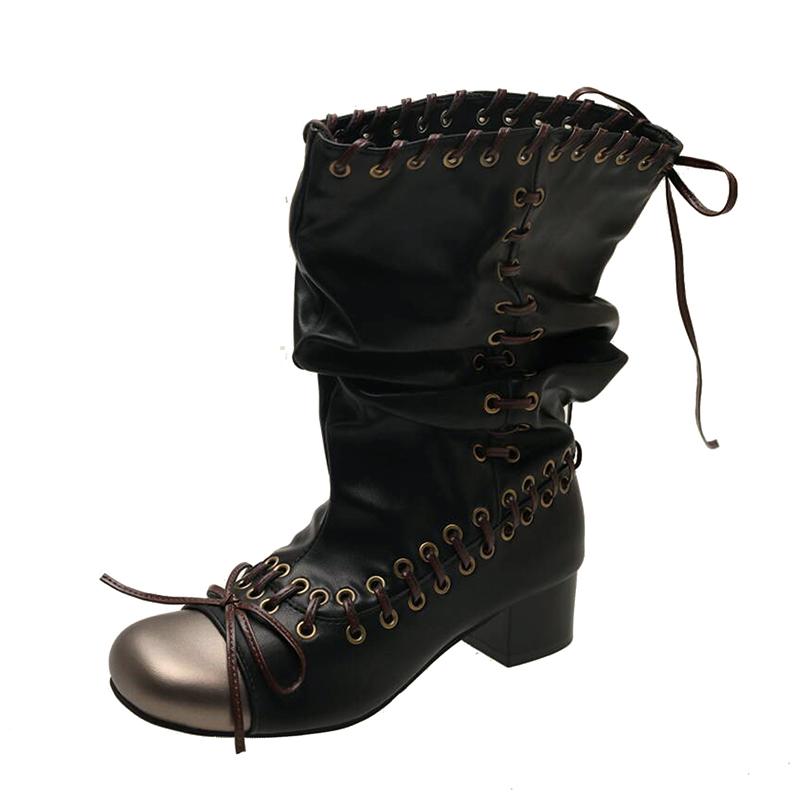Fashion Vintage Cross Strap Thick Heel Women Motorcycle Boots Fashion Ladies Metal Buckle Pleated Mid Calf Booties