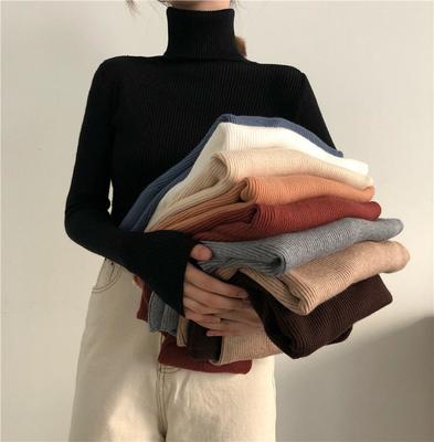Kadın Balıkçı Yaka Kazak Sonbahar Uzun Kollu Yumuşak Sıcak Nervürlü Örme Kazaklar Kore Katı Elastik Ince Temel Jumper Tops