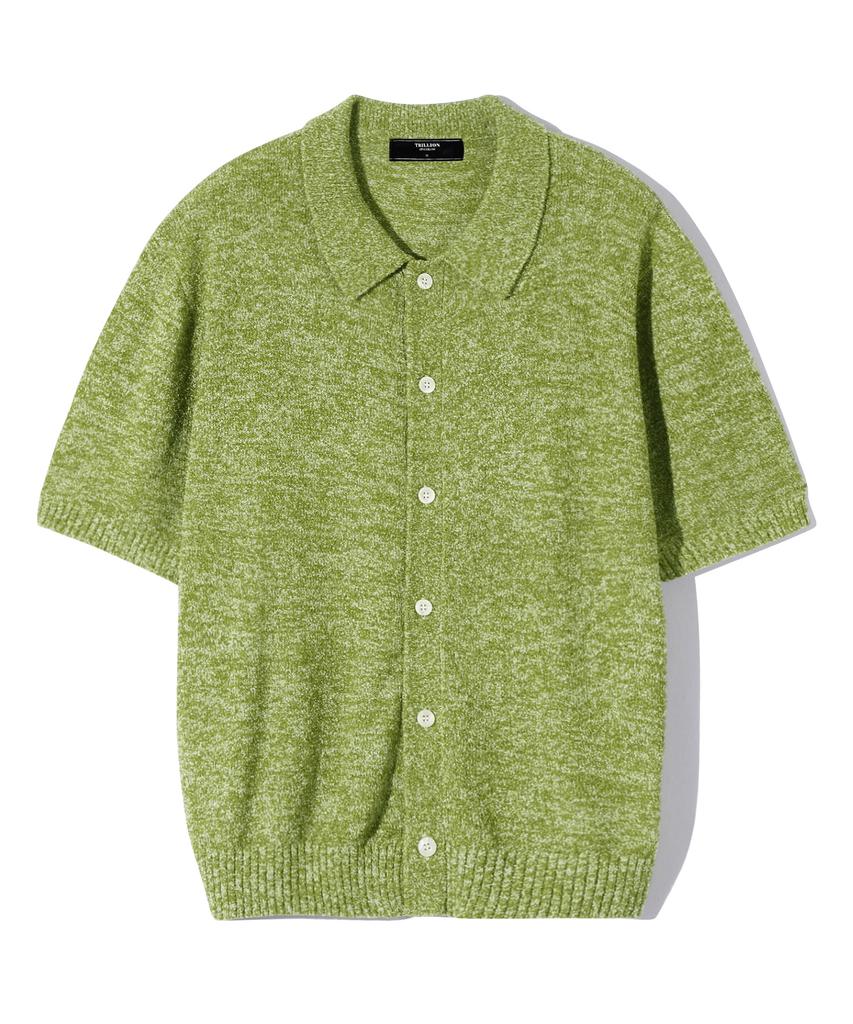 TRILLION Washable Boucle Collar Short Sleeve Knit (Melange Green)