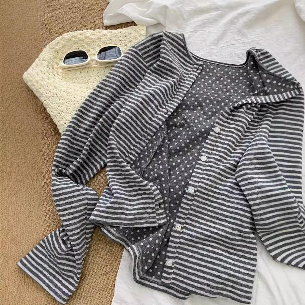 Single-breasted cardigan women's winter striped polka dot round neck long-sleeved top casual jacket