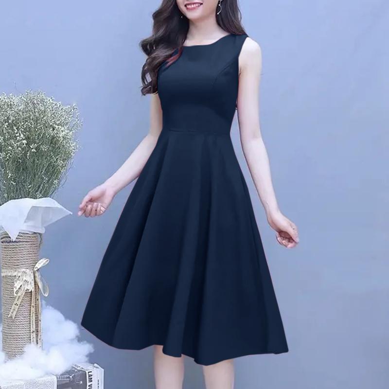 

ZANZEA женское летнее повседневное однотонное платье без рукавов с круглым вырезом и талией 4XL тёмно-синий