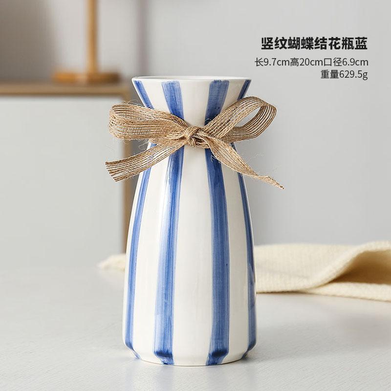 Modern Simple Blue Striped Ceramic Vase Creative Bow Table Top Dried Flower Bouquet Nordic Vase Decoration Piece Fairy Garden