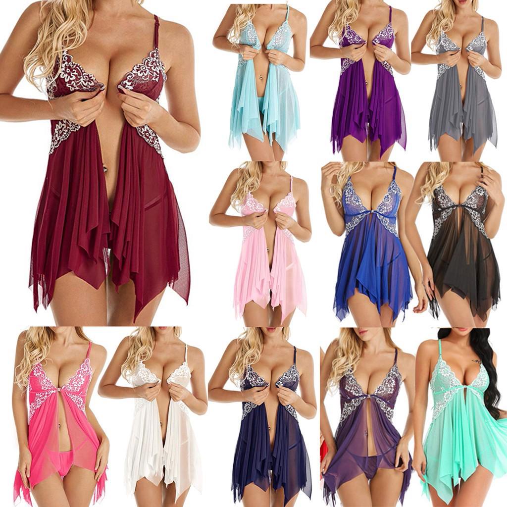 

Женская мода кружевное нижнее белье комплект с застежкой спереди Babydoll V шеи сетка пижамы