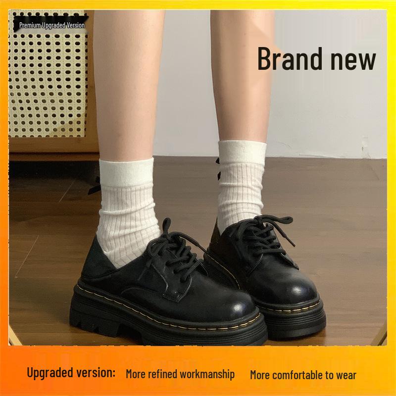 Women's Black Leather Lace-Up Round Toe Loafers - Thick Sole, Height Increasing, British Style (2025 Spring/Autumn/Winter)