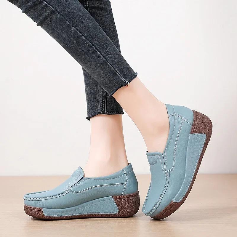 Spring and Summer Women Fashion Loafers Genuine Leather Moccasins Autumn Slip-on Casual Round Toe Wedge Platform Rocking Shoes