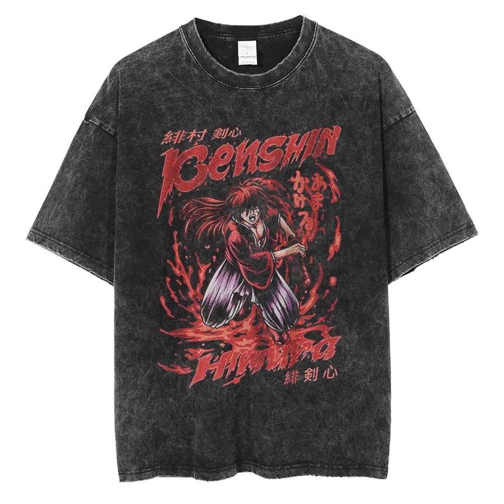 Harajuku Anime Rurouni Kenshin Himura Kenshin Print Tshirt Men Manga Oversized Tshirts Washed Cotton Tee Male Casual T Shirt
