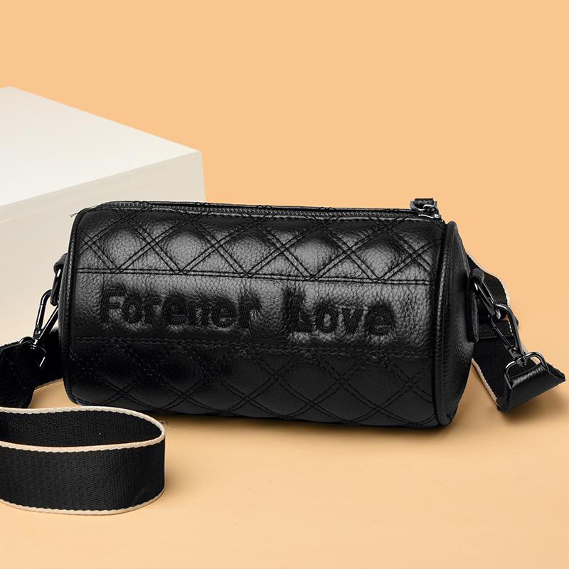 Leather women's bag rhombus cylinder bag new trendy fashion embroidered thread shoulder messenger bag first layer cowhide pillow bag