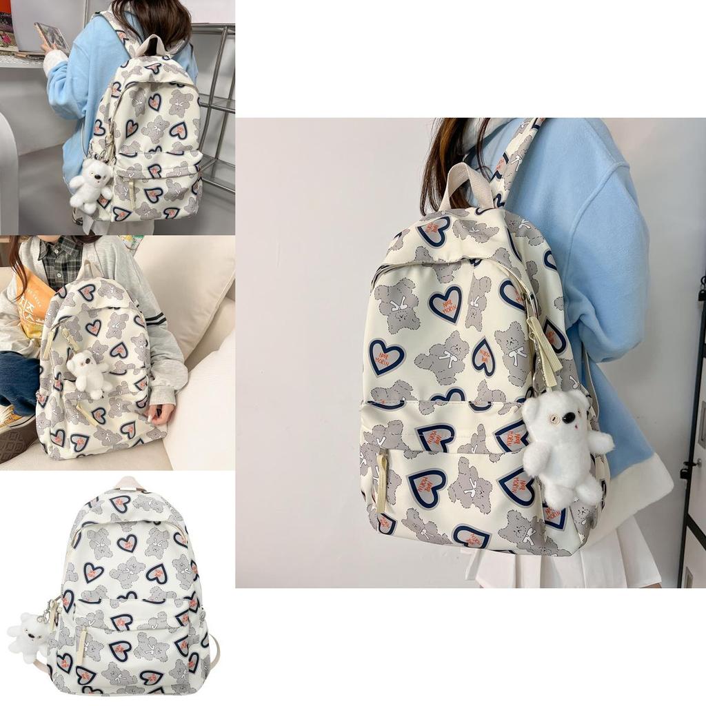Girl Nylon Cute School Backpack With Love Heart Bear And Letters Print Design For Daily Use