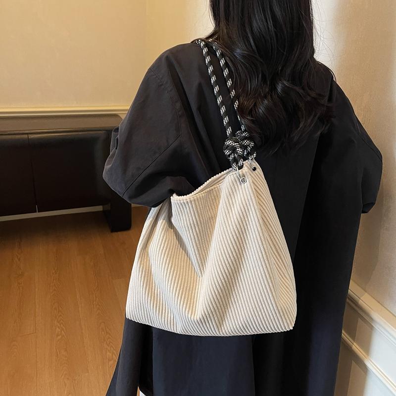 Vintage Large Capacity Corduroy Bag Women's Solid Color Underarm Shoulder Bag
