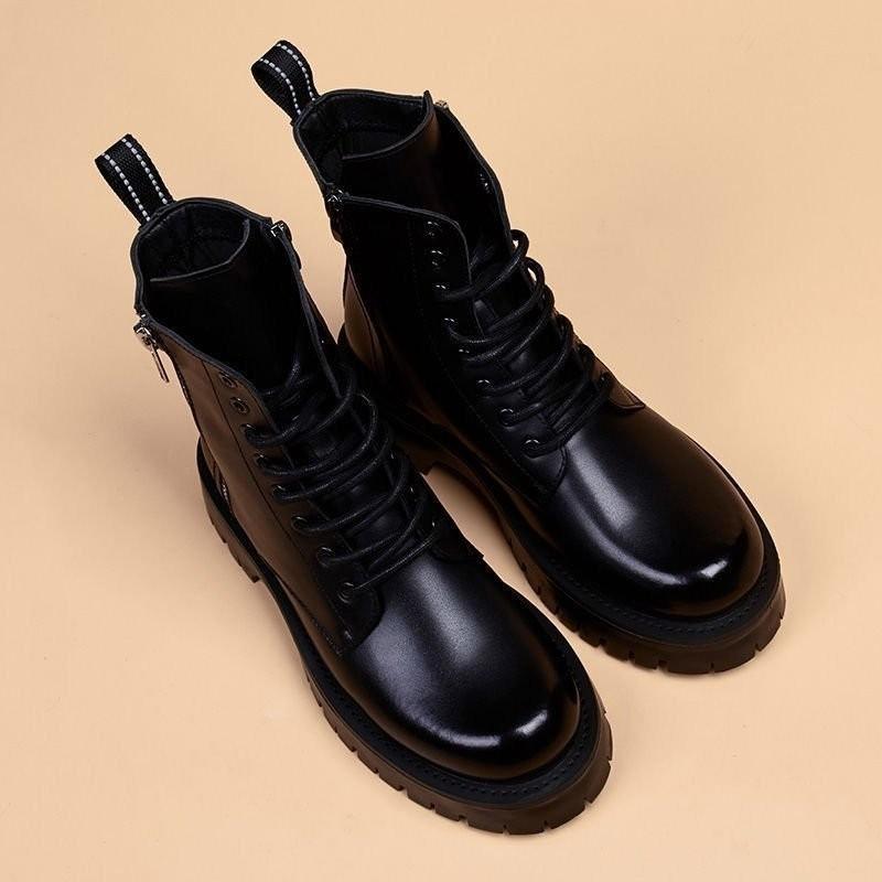 Cool handsome Martin boots women's Korean version tooling boots British high-top thick-bottomed trendy soft leather boots black versatile leather