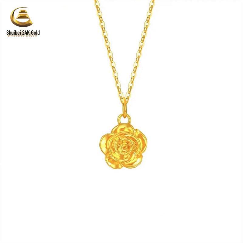 Rose Flower Crown Pure Gold 999 Pendant Set for Women - Qixi Valentine's Day Gift