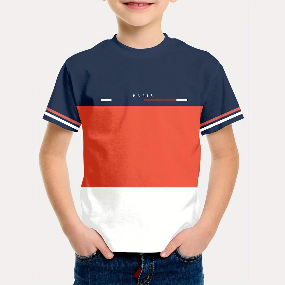 

Simple Paris letter printed short sleeved T-shirt for children and boys, casual and comfortable T-shirt for children and boys, children s top 140