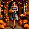 Womens Halloween Printed Dress Spaghetti Strap Off Shoulder Sleeveless A Line Midi Dress with Tie Detail