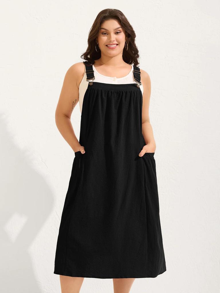 Plus Size Women's Cotton Pleated Suspender Dress with Pockets - Casual and Slimming Fit