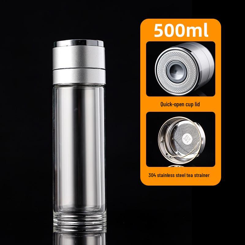 Quick-Open Lid Glass Teacup: Business Car Cup with Tea-Water Separation, Double-Layer High Borosilicate Glass and Printed Design