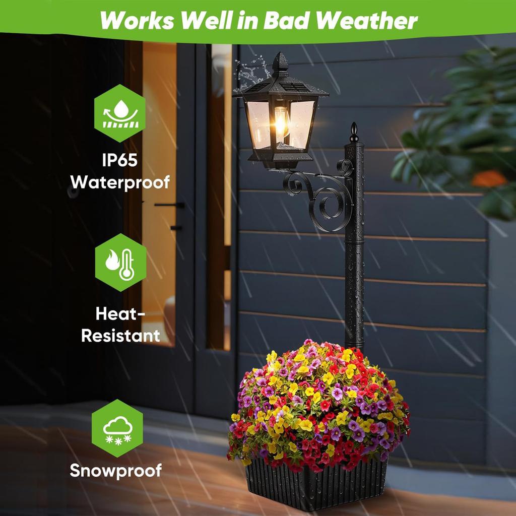 2 in 1 Solar Flower Pot Light 2-in-1 Outdoor Planter Floor Lamp Warm White Waterproof IP54 Iron Lantern for Garden Patio Porch
