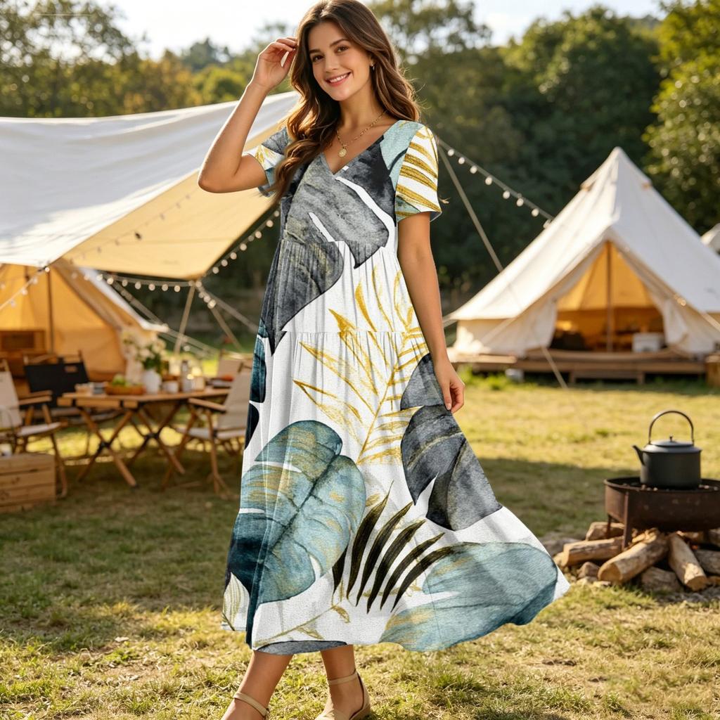 Robe longue à fleurs style bohémien pour femmes, décontractée, ample, manches courtes, longue, Maxi, robe de plage, été