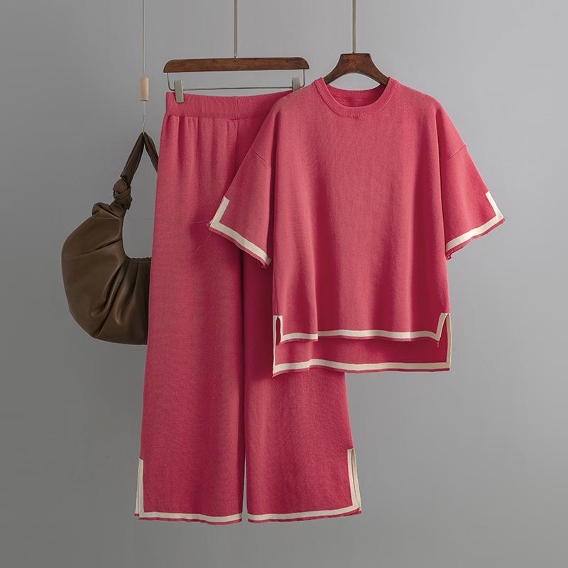 Women's Temperament Color Collision Open Short-sleeved Knit Shirt High-waisted Slim Wide-legged Pants Two-piece Set