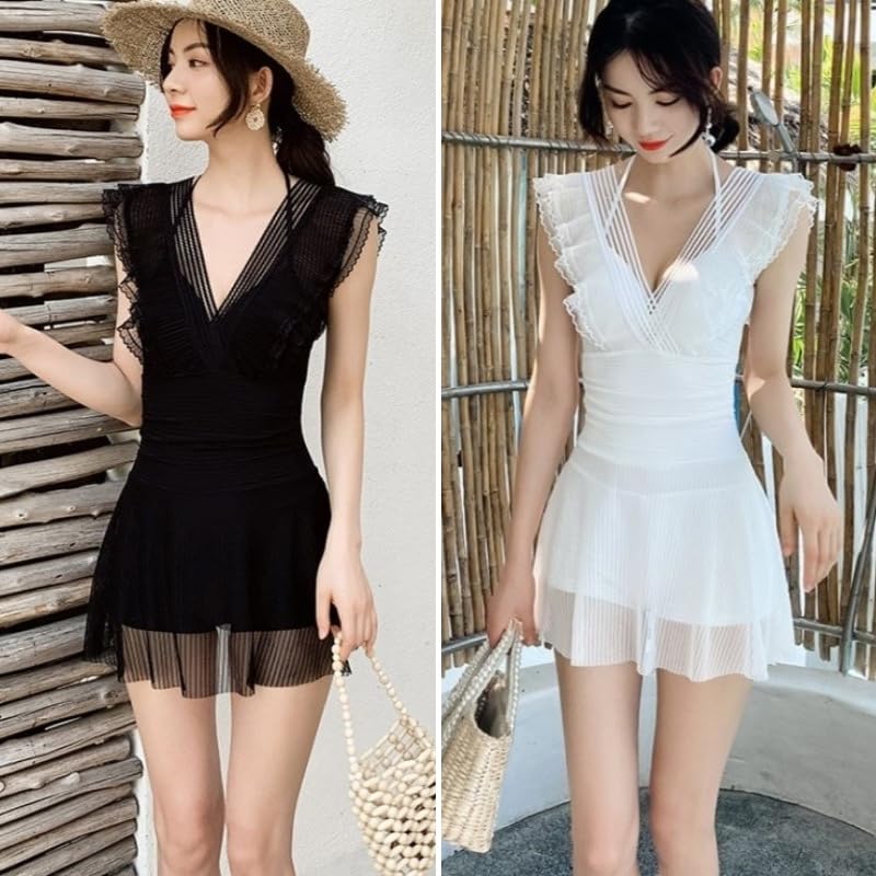 ISLAYCAOLILA Swimdress with Sheer Lace and Flared Padded and DP8 Fleur Women's One-Piece Swimsuit, V-Neck, See-Through Skirt, Wired, (L, Black)