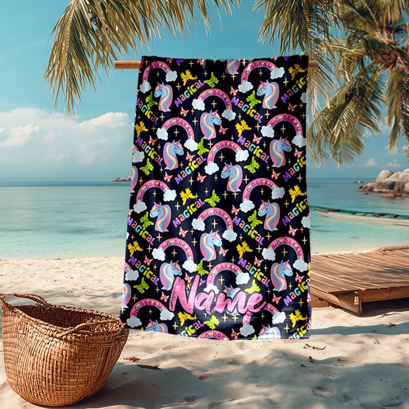 Custom Name Ultra-Soft Beach Towel with Unicorn Theme,Ideal for Pool - Camping, Diving - Perfect Travel Essential, Vibrant Beach Towel.