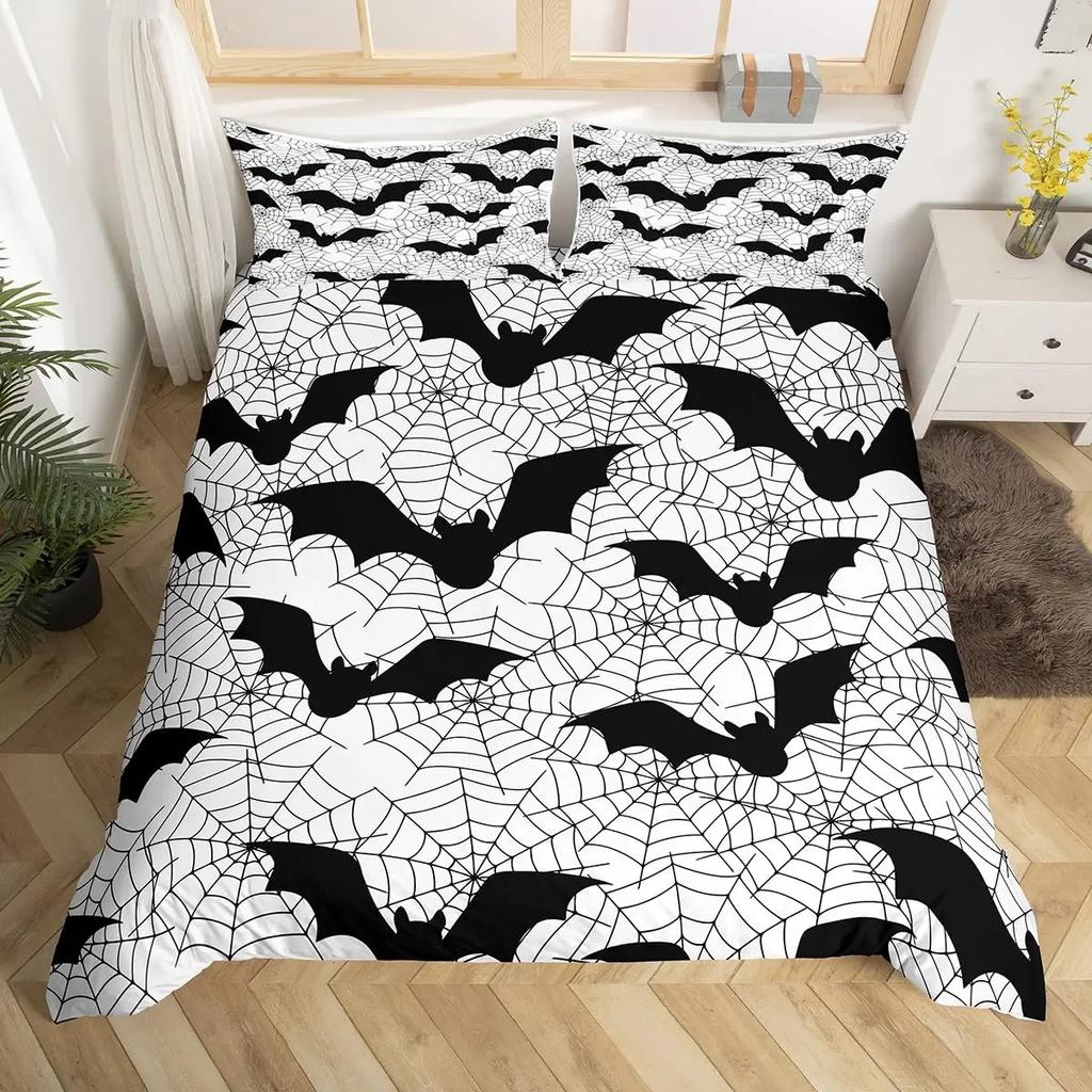 Spooky Dark Bats Duvet Cover Halloween Decoration Glitter Stars Moon Galaxy Bedding Set Cartoon Bat Gothic Comforter Cover Queen