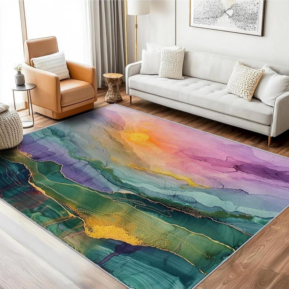 Watercolor Rugs for Bedroom, Abstract Sunset Landscape Carpet for Living Room, Watercolor Decor for Home Indoor, Non Slip, Low 60x90CM